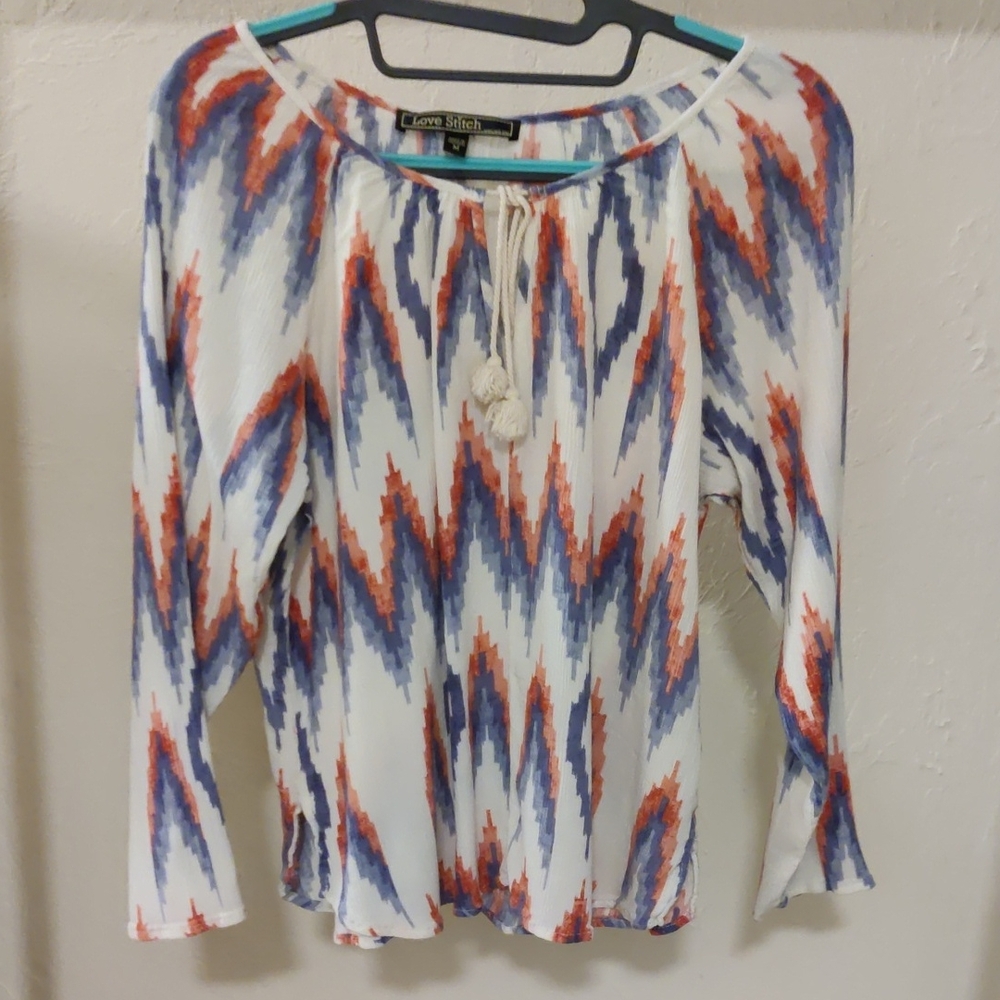 Love Stitch White Peasant Blouse with Blue & Rust Chevron Print